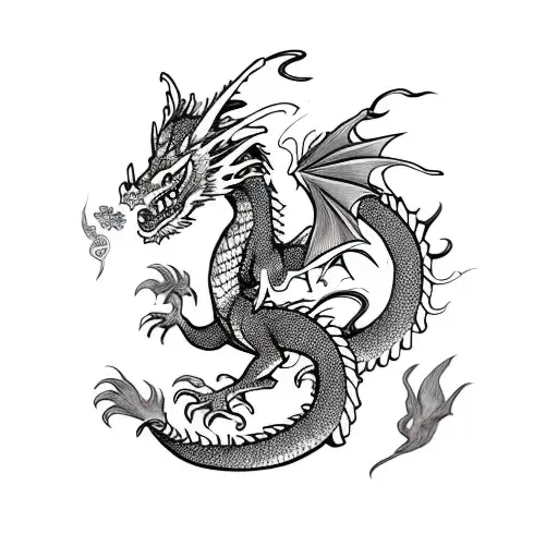 Dragon With Anime Clods And Flowers