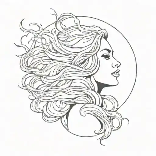 A Sketch Style Tattoo Of A Woman With Flowing Hair And Sun Rays In The Background