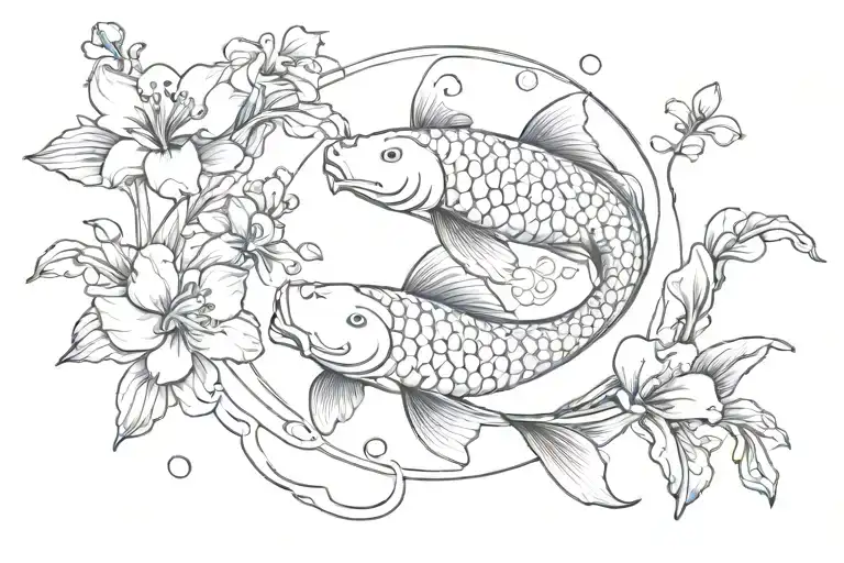 Koi Fish Swimming Yin Yang With Orchid Flowers Surrounding Them