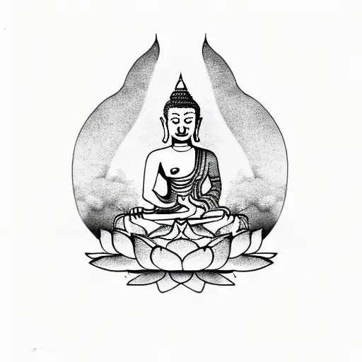 Buddha With Dragon And Lotus Flowers