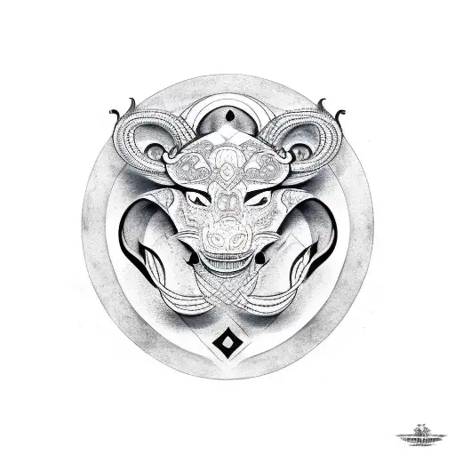 A Black-grey Tattoo Design Combining The Leo And Scorpio Zodiac Symbols In A Symmetrical Pattern