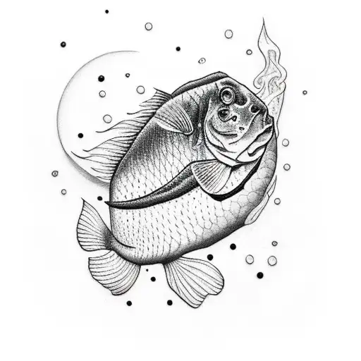 A Dotwork Tattoo Of A Majestic Big Fish Surrounded By Red Roses