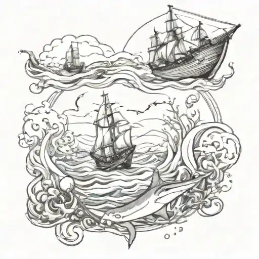 Chest Tattoo That Is Ocean Themed And Has An Old Ship And A Shark Incorporate