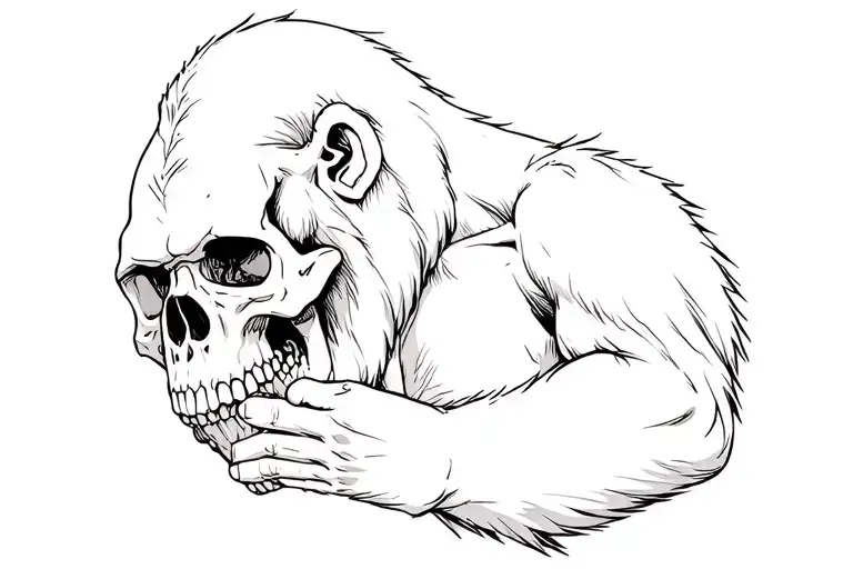 Gorilla Holding A Skull Looking At It