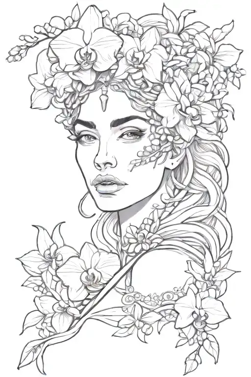 Greek Goddess Face Straight Forward With Orchid Flowers In Her Hair And Philigry Head Piece