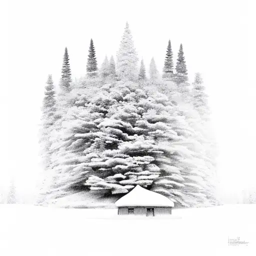 A Serene Landscape Of A Snowy Pine Tree Forest With A Hidden Cabin