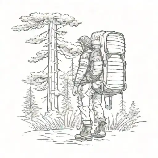 A Sketch Tattoo Of A Traveller Carrying A Beehive Backpack While Exploring A Forest Of Pine Trees