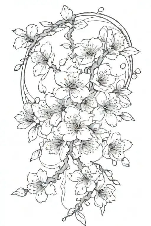 Cherry Blossoms Cascading Down In A Black-grey Design With Anime Symbols