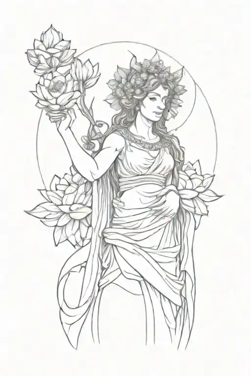 Greek Goddess Statue With Lotus Flowers And Philigry