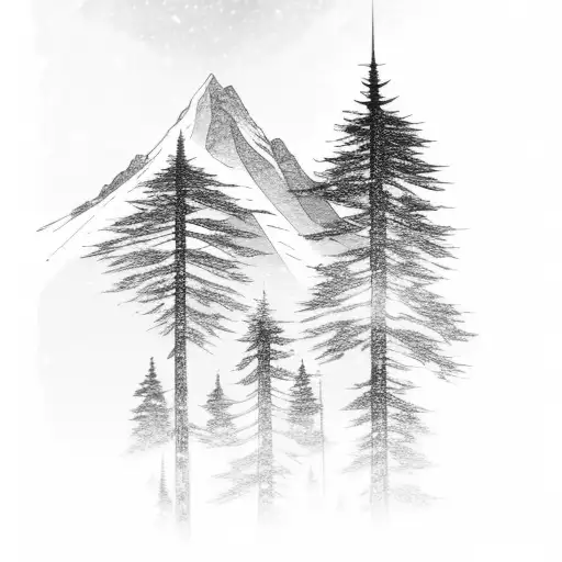 A Majestic Snow-covered Mountain Peak Surrounded By Tall Trees Against A Starry Night Sky