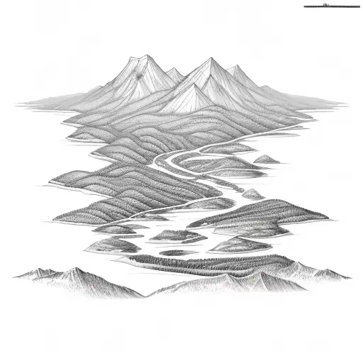 Mountain Range With Two Rivers Meeting And Beach At The Bottom