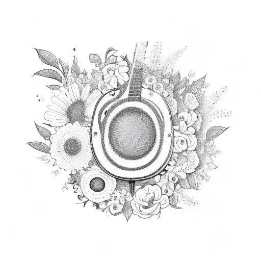 A Detailed Sketch Of A Guitar Surrounded By Blooming Flowers And Leaves