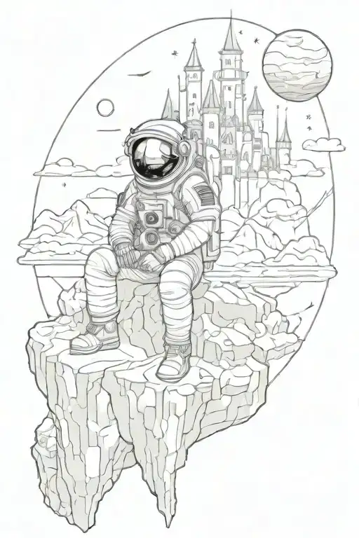 Astronaut Sitting On Planet In Front Of A Castle