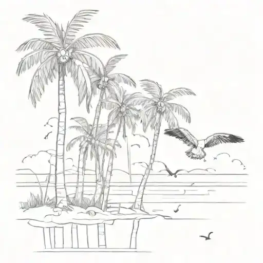 A Sketch Of A Beach Scene With Palm Trees And Seagulls