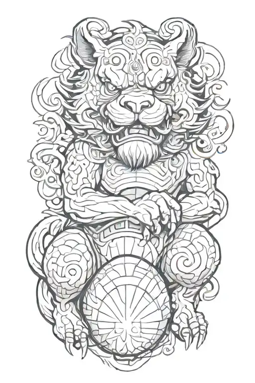 Fu Dog Crouched And Holding An Orb