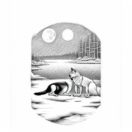 A Tarot Card Featuring A Moonlit Scene With A Wolf And A Dog By A Tranquil Lake