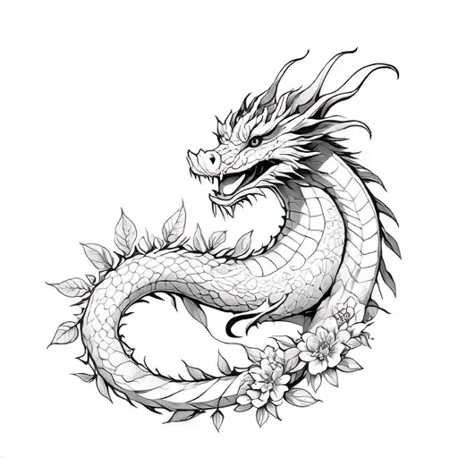 Dragon In Full Height In Flowers And Leaves