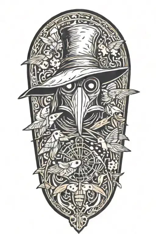 Plague Doctor And Moths In A Woodcut Style Mixed With Grafitti And Blackwork