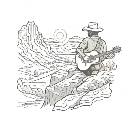 A Cowboy Silhouette Playing A Guitar On A Mountain Cliff At Sunset