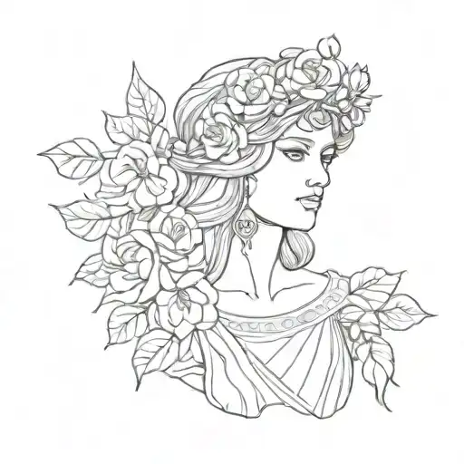 Line Art Minimal Athena Goddess Bust With Flower Crown Of Roses And Magnolia Flowers