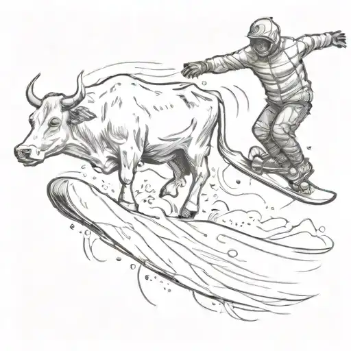 A Sketch Of A Snowboarder Performing A Trick With A Cow Grazing In The Background