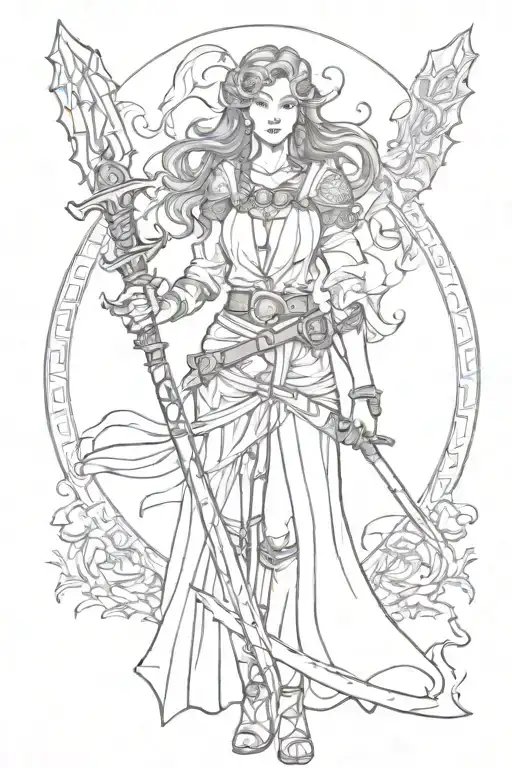 A Stately Woman With A Sword And Scales In Her Hands