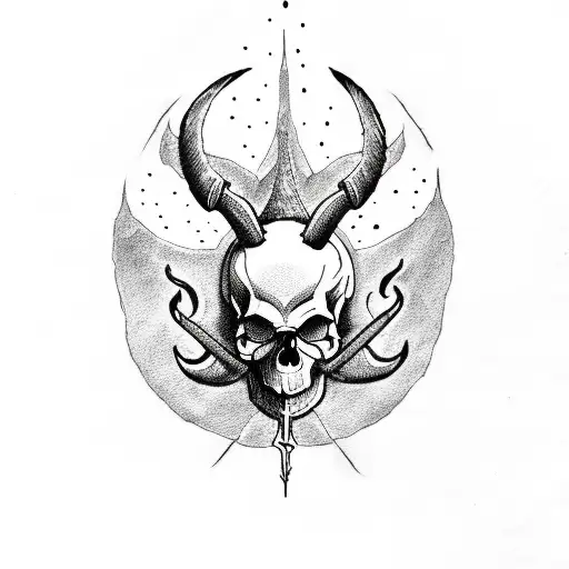 Dotwork Tattoo Of A Skull With Baphomet Horns And Occult Symbols