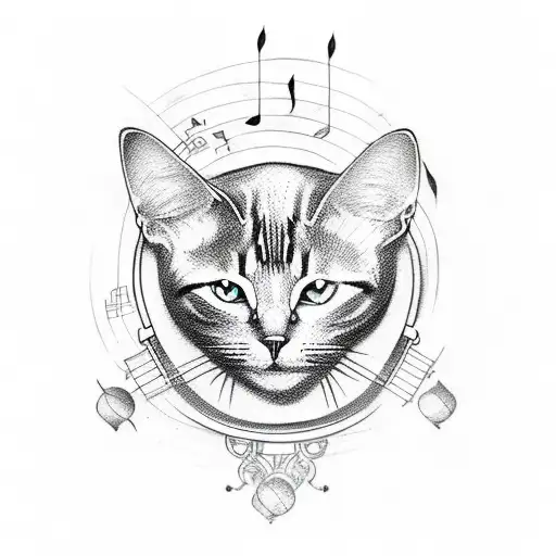 A Sketch-style Tattoo Of A Philosopher's Silhouette Surrounded By Musical Symbols And A Cat