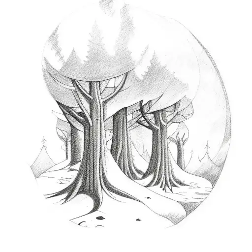 A Sketch-style Tattoo Of A Family Of Three Exploring A Mystical Forest