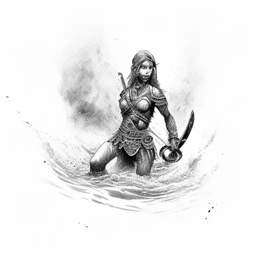 Powerful Female Warrior Emerging From The Depths Of The Amazon River