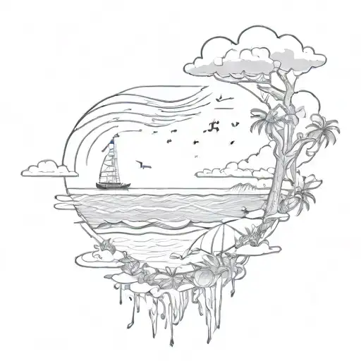 A Sketch Tattoo Of A Beach Scene With Musical Notes Floating In The Sky