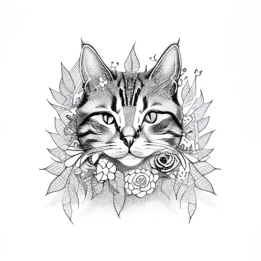 Cat With Leaves And Flowers