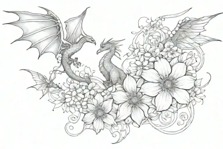 Flowers And Lines Intertwined Collarbone Tattoo With Two Small Flying Dragons Around