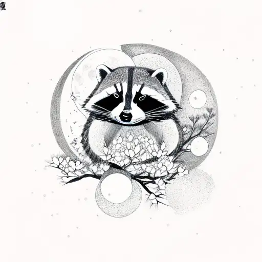 Raccoon Sitting Under A Sakura Tree With The Moon In The Sky