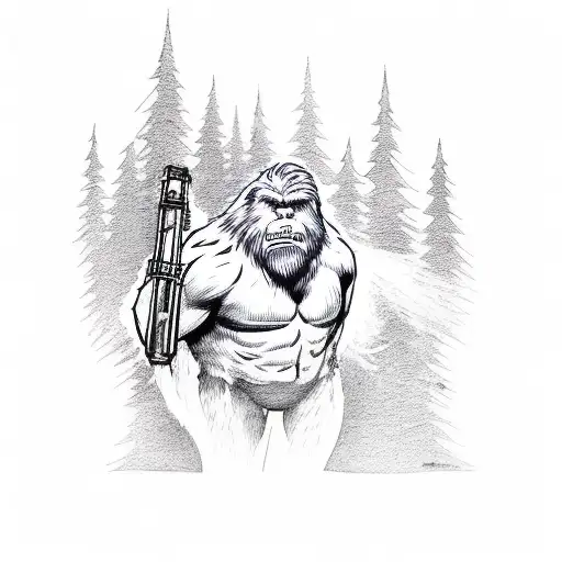 Bigfoot As A Firefighter Fighting A Forest Fire