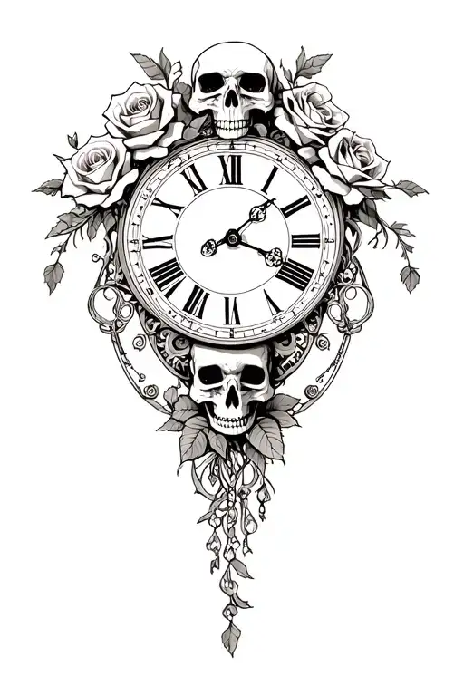 Grandfather Clock With Skulls And Roses Intertwined