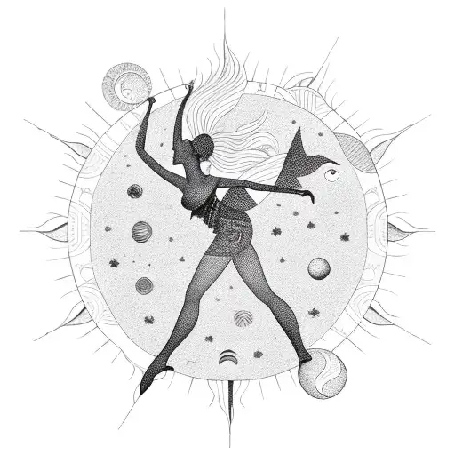 A Dancer's Silhouette Surrounded By Sun And Moon Phases