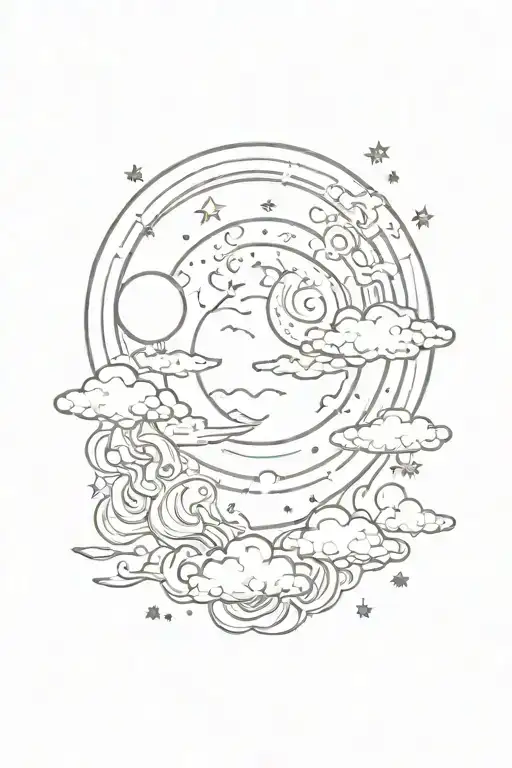 Moon Looking Up At Sun And Clouds With Stars