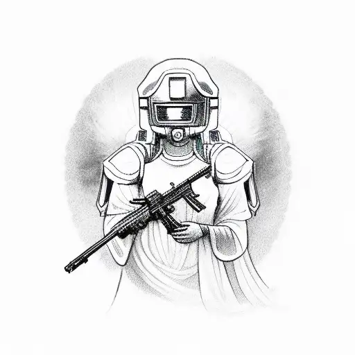 Female Patron Saint With Halo And Machine Gun