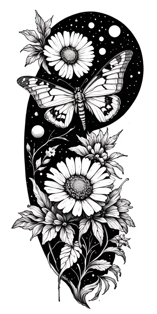 Cosmoas And Marigold Flower And Lunar Moth Surrounded