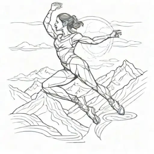 A Sketch Of A Dancer In A Dynamic Pose With A Mountain Range In The Distance