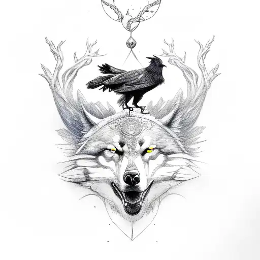 Crow With Yggdrasil And Wolf