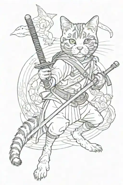 Japanese Style Female American Wirehair Cat With Katana Sword Surrounded By 2 Small Lizards