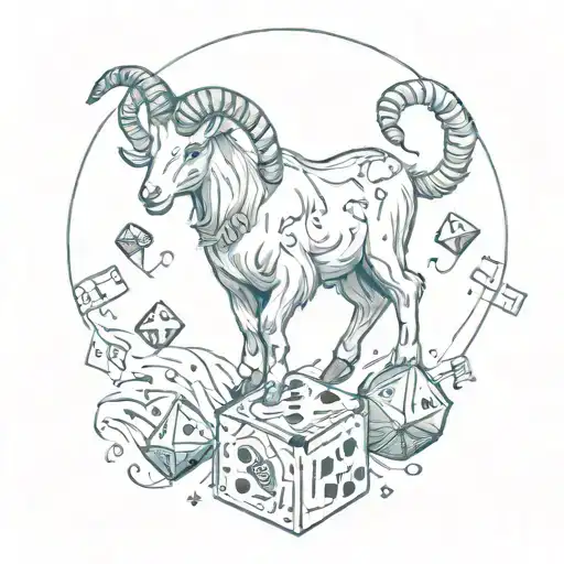 A Celestial Goat Playing A Pair Of Dice As Musical Notes Float Around It