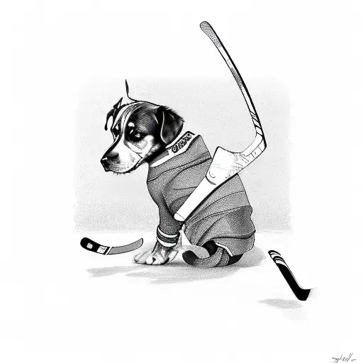 A Detailed Sketch Of A Hockey Stick And Puck With A Silhouette Of A Dog In The Background