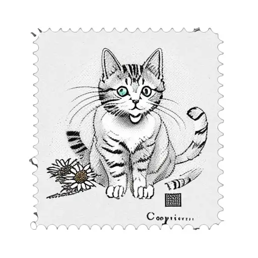 Postage Stamp With Playing Cat And Flowers