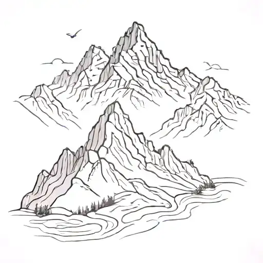 A Black And Grey Tattoo Of A Mountain Range With A Hidden Silhouette Of Ajay And Sila At The Peak