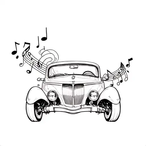 A Sketch Tattoo Of A Vintage Car With Musical Notes Coming Out Of The Exhaust Pipes