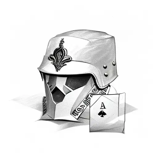 A Sketch-style Design Of A 7 Of Diamonds And 2 Of Spades Incorporated Into A Military Helmet