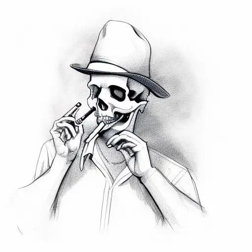 Skull Smoking Cigarette Wearing Hat